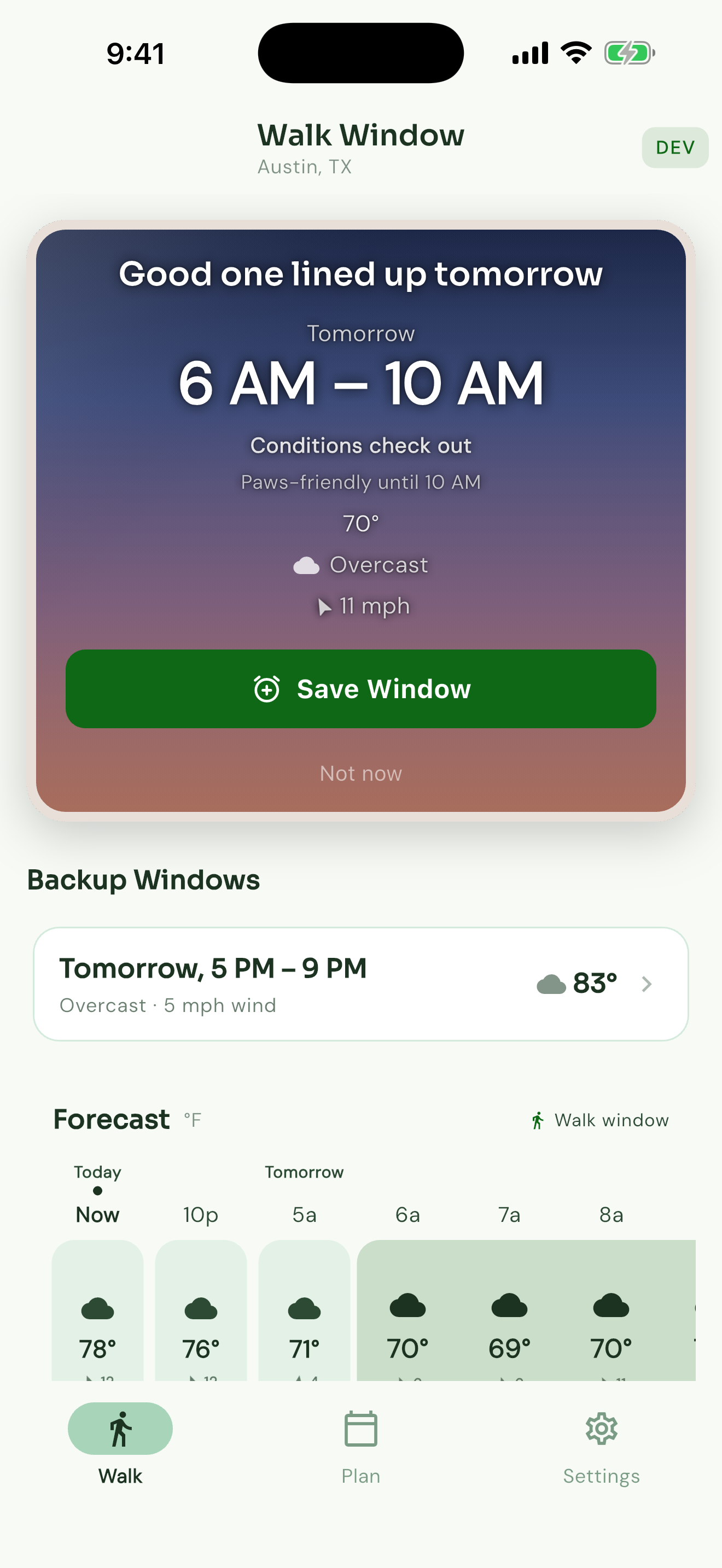 Walk Window app showing your best walking hours with comfort scores