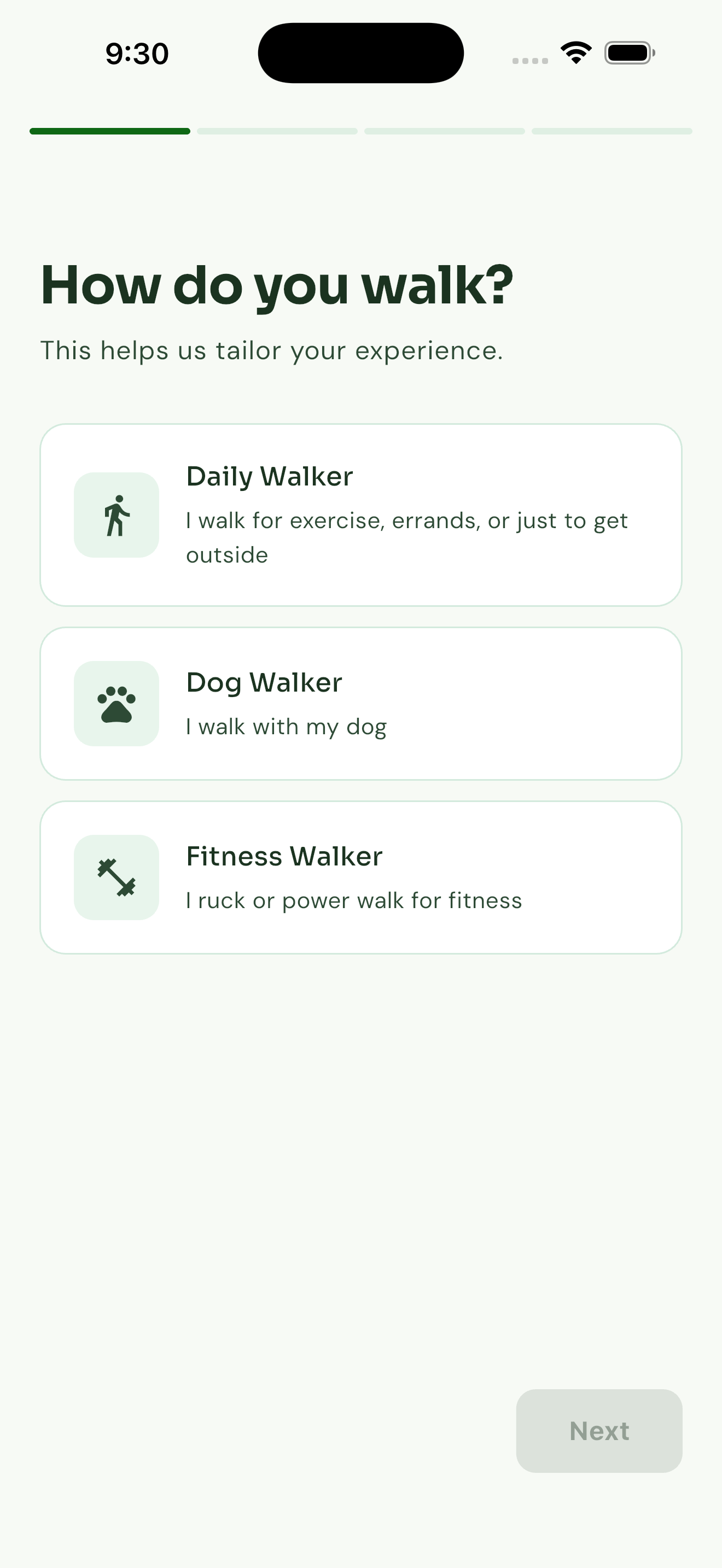 Walk Window persona selection: Daily Walker, Dog Walker, or Fitness Walker