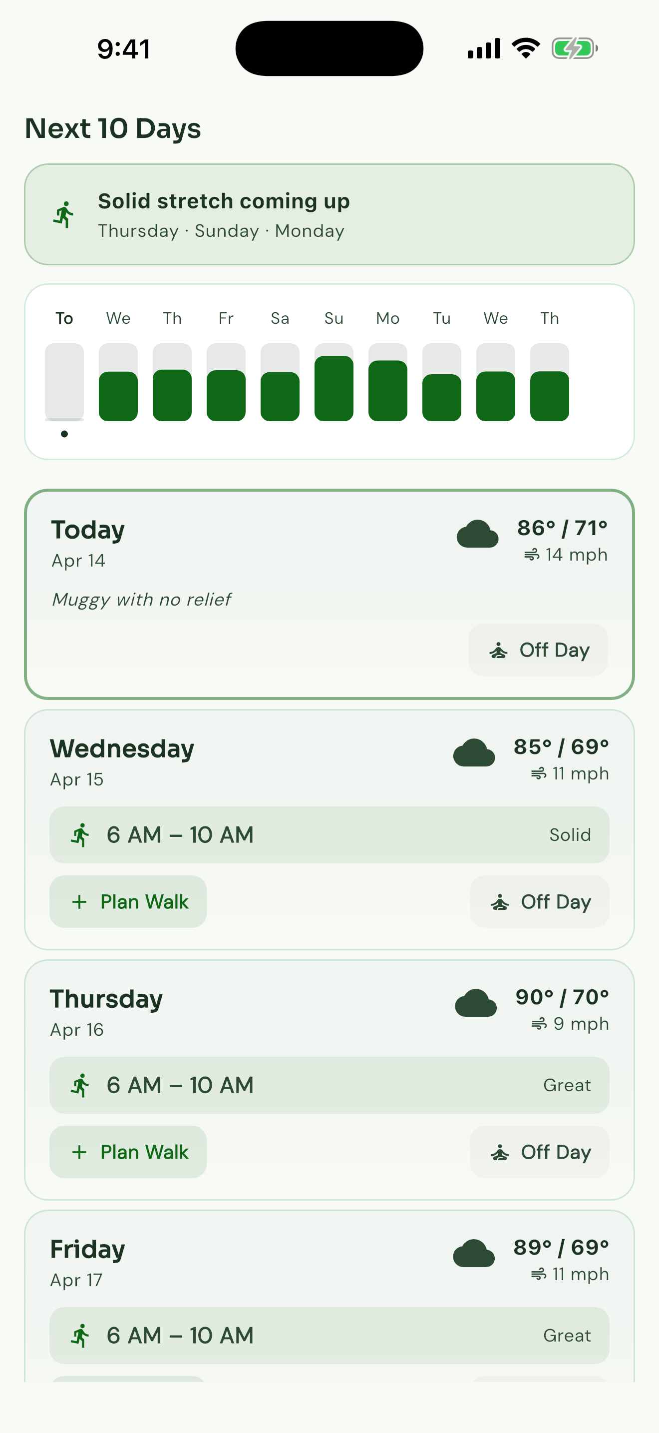 Walk Window 10-day walking forecast with daily comfort scores