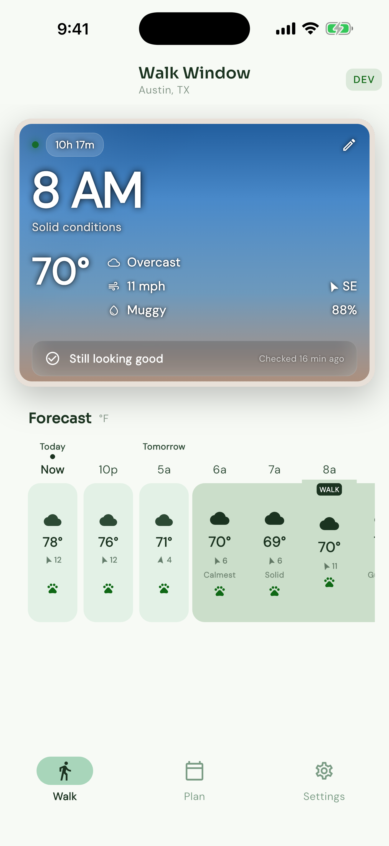 Walk Window showing hourly weather scores and your best walking time